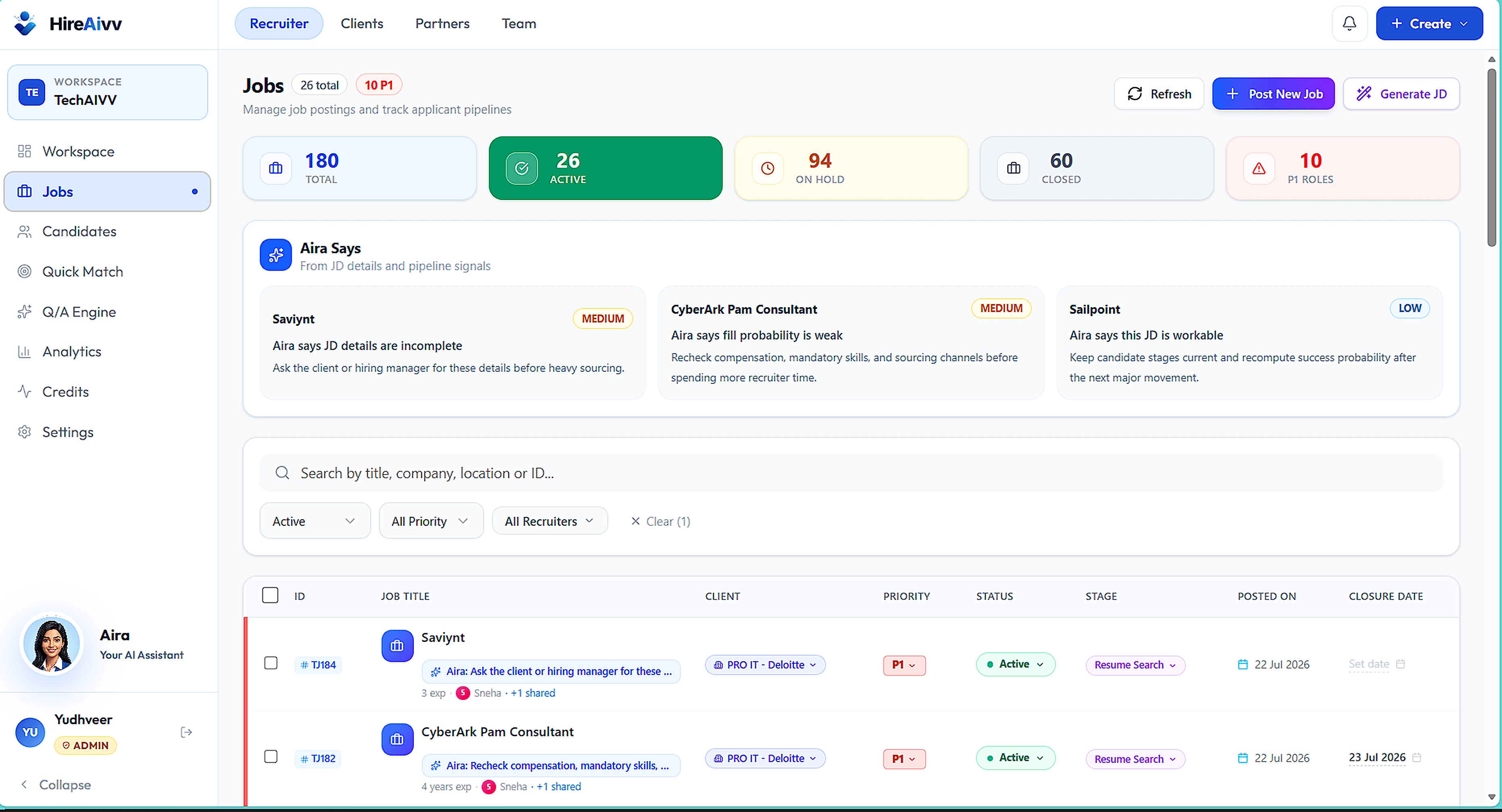 HireAivv jobs board: requisition counts, Aira's job-description gap analysis, and the live role table